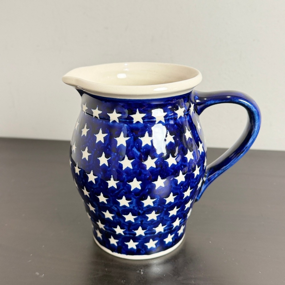 Boleslawiec Polish Pottery White Star Pitcher Cobalt Blue Stoneware 6.75"